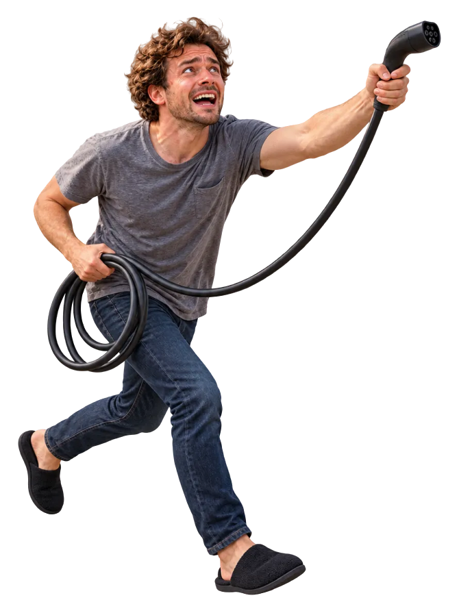A curly-haired man in a grey t-shirt, jeans and slippers runs while holding a charging connector high above his head