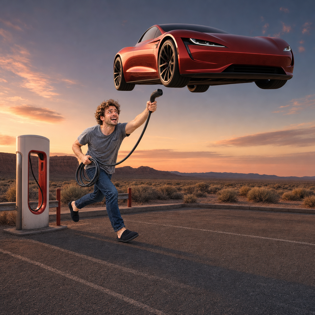 The owner runs across a desert charging lot at sunset, cable raised toward a red Roadster hovering overhead